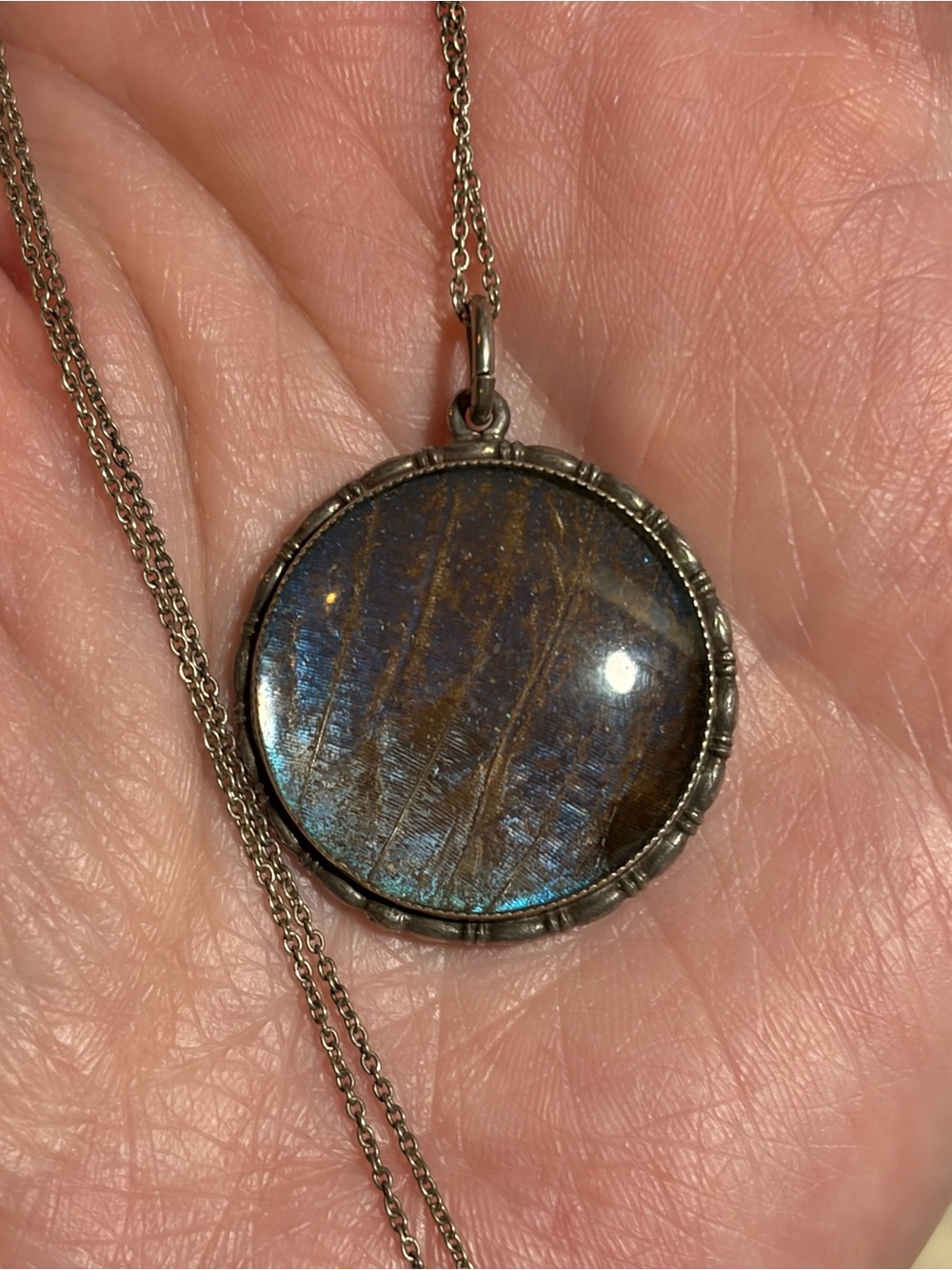 Antique Sterling Silver Morpho Butterfly Wing Round Pendant Necklace - Picture 7 of 10